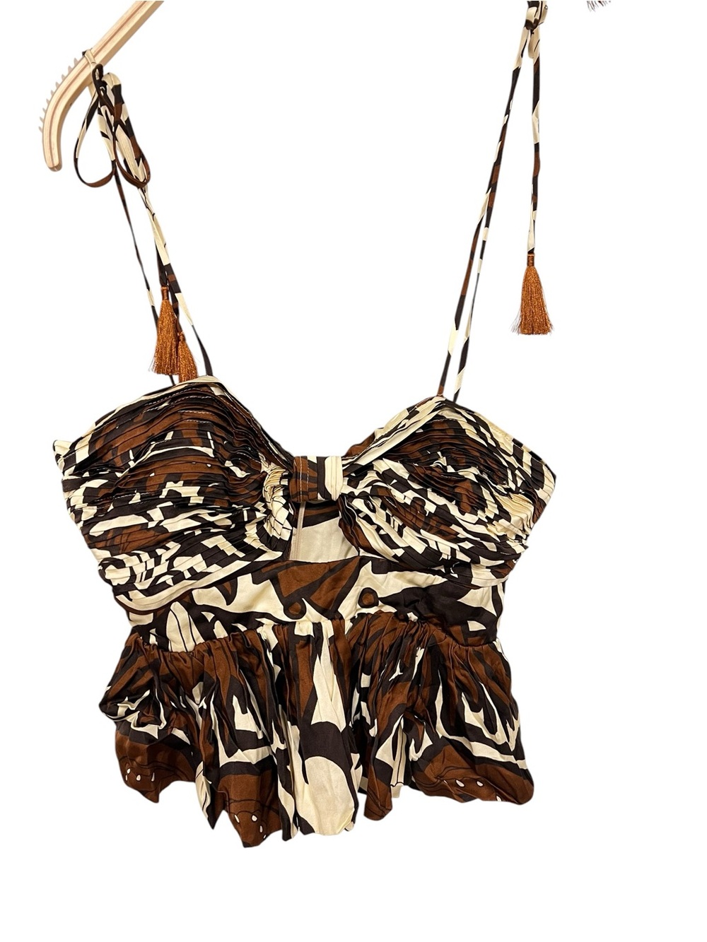 New Eugenia Fernandez Brown & Cream Printed Tie Strap Peplum‎ Top Boho